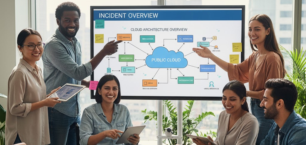 An AI generated image showing a diverse group of people working together.  There's a screen showing "incident overview" with a diagram on it. .