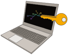 Jonco IT & Security logo.  There is an open laptop with a yellow key going into the screen.  Out of the key are some lines, representing a circuit board.