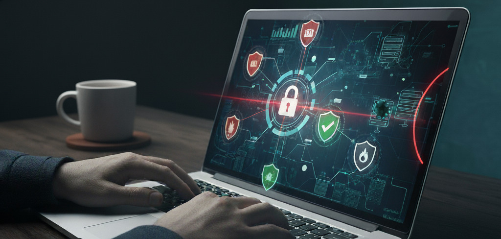 An AI generated image showing hands on a laptop keyboard.  On the laptop screen is a padlock with some shields around it.  Some shields are green, showing a good status.  Some are red to highlight a problem.  In the background is a mug of tea or coffee.