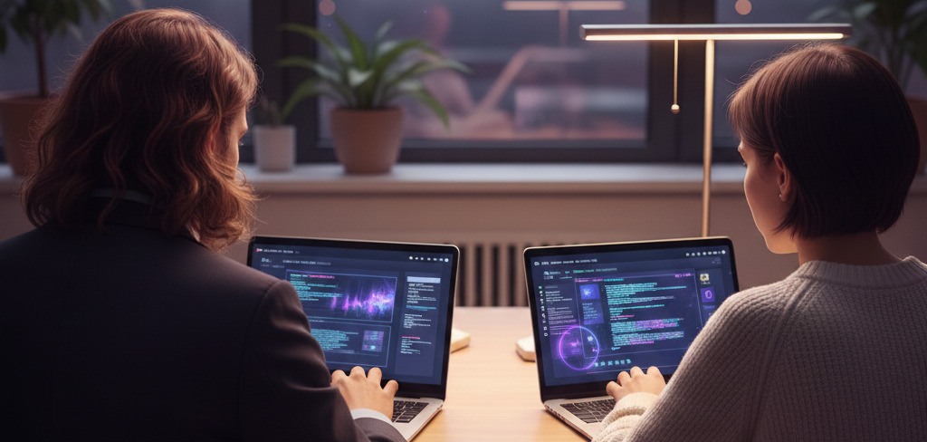 An AI generated image showing two people sat at laptops, from behind.  The people are working together in an office.