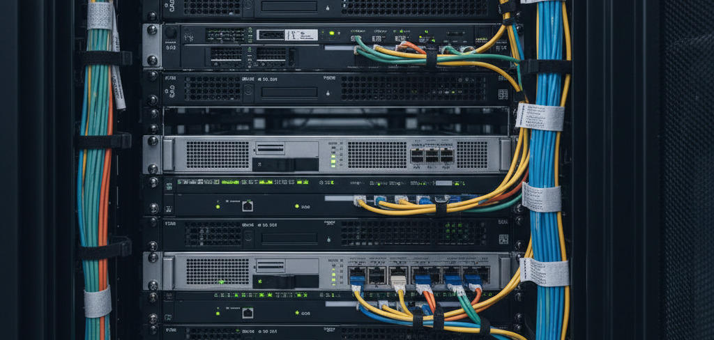 An AI generated image showing a tidy set of equipment in a rack.  There are cables between the devices, and lights on showing that it is working.