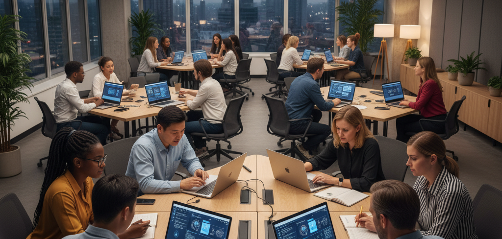 An AI generated image showing groups of people sat around tables, working together.  They have laptops and notepads on the tables.