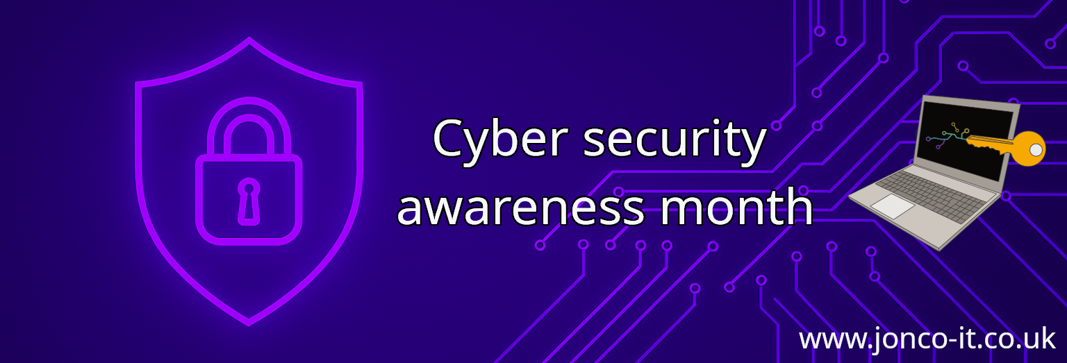 Outline of a purple shield with locked padlock in the centre.Right of the shield is "cyber security awareness month".On the rightmost edge is the Jonco IT & Security logo and web address.