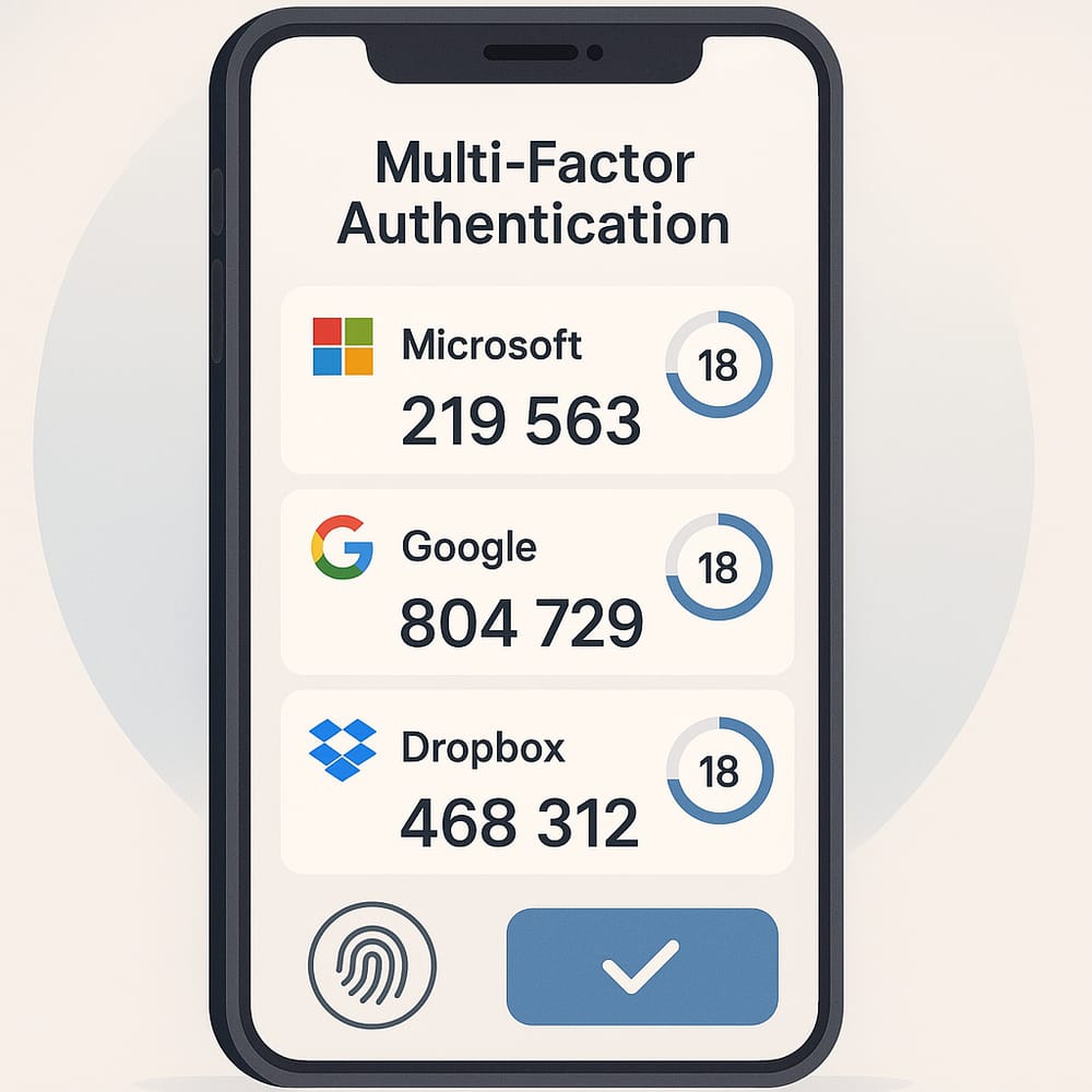 Image showing an app titled "Multi-Factor Authentication". There are logos for three companies (Microsoft, Google,
Dropbox), each with their company name and numbers underneath them. To the right of each code is a countdown timer
showing 18 seconds are remaining. At the bottom there are buttons requesting a fingerprint and a tick "approve" button.