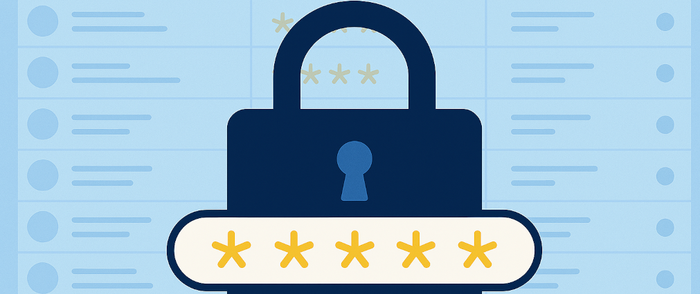 Picture of a navy blue padlock with five yellow stars over the top. The padlock is superimposed on a faded blue table to data, suggesting multiple items.