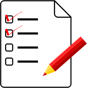 A drawing of a white sheet of paper with a checklist in black.  The top two items are marked as complete with a red tick.  A red pencil is on top of the list.