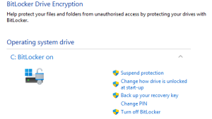 Screenshot of the "manage BitLocker" screen in Windows 11's control panel.  We can see that BitLocker is turned on for drive C.